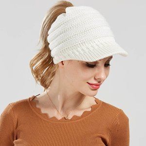 Women's Winter Knit Messy Bun Ponytail Beanie Winter Warm Hat - White